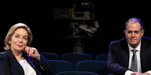 ABC chair Ita Buttrose with managing director David Anderson in the Q+A studio.