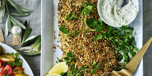 Baked salmon with a pine nut,herb and chilli crust,served with dill and caper sauce.