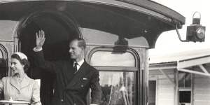 The Queen and Prince Philip on the royal train at Central Station,Sydney.