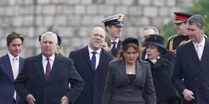 Members of the royal family,left to right,Edoardo Mapelli Mozzi,Prince Andrew,Mike Tindall,Sarah,Duchess of York,Princess Anne and Vice Admiral Sir Timothy Laurence,arrive to attend a thanksgiving service for the life of King Constantine of the Hellenes at St George’s Chapel,in Windsor Castle.