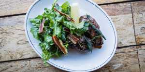 Grilled duck livers with pancetta,sage and balsamic.