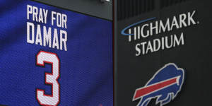 A sign showing support for Damar Hamlin outside the Bills’ Highmark Stadium in Buffalo.