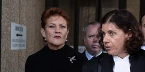 Pauline Hanson and Sue Chrysanthou,SC,outside the Federal Court in Sydney on Monday.