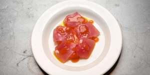 Smoked albacore tuna with tomato.