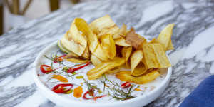 Kingfish crudo with plantain chips.
