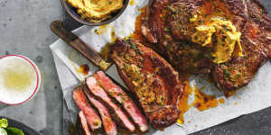 Rib-eye steaks with hot butter.