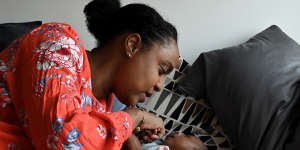 Lobaba Idris with her six-week-old twins Zayn and Layla Badri at their home in Roseville. 