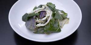 Grilled calamari with sorrel and shaved choko salad ($28).