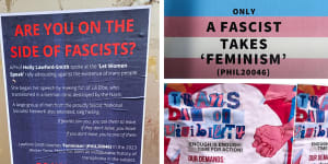 Some of the posters and stickers targeting Holly Lawford-Smith at the University of Melbourne.