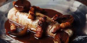 Roast flathead with house bacon and a sauce reminiscent of coq au vin.
