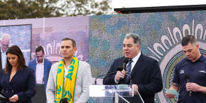 Kangaroos coach Mal Meninga speaks in support of the Voice at North Sydney Oval on Friday.