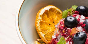 Chia pudding with freeze-dried raspberries,maple buckwheat and fruit.