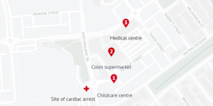 Datawrapper locator map for story on Marsden Park cardiac arrest