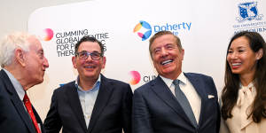 Peter Doherty (left) and Premier Daniel Andrews with Geoff and Anna Cumming at the announcement of The Cumming Centre for Global Pandemic Therapeutics on Wednesday.