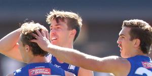 Charlie Lazzaro celebrates a goal with his North Melbourne teammates. 