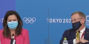 Queensland Premier Annastacia Palaszczuk and AOC president John Coates in Tokyo for the announcement of Brisbane as the host city for the 2032 Olympic Games.