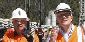 Former Snowy Hydro CEO Paul Broad and former Prime Minister Scott Morrison on a tour of the Snowy Hydro Lobs Hole site,during their visit for the commissioning of a second tunnel boring machine,on Friday 3 December 2021