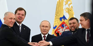 (Left to right) Moscow-appointed head of Kherson Region Vladimir Saldo,Moscow-appointed head of Zaporizhzhia region Yevgeny Balitsky,Russian President Vladimir Putin,Denis Pushilin,leader of self-proclaimed Donetsk People’s Republic and Leonid Pasechnik,leader of self-proclaimed Luhansk People’s Republic.