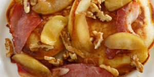 Buttermilk pancakes with apple,bacon,walnuts and spiced maple.