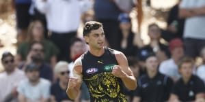 Tim Taranto celebrates kicking a goal in Friday’s match simulation against North Melbourne.