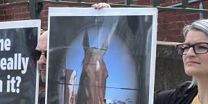 Members of the Coalition For the Protection of Race Horses protesting outside this year’s Caufield Cup 