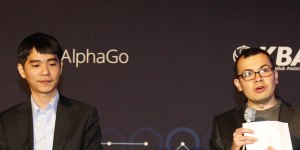 Demis Hassabis,right,co-founder of DeepMind,with South Korean professional Lee Se-dol. Lee played Go against the DeepMind machine AlphaGo in March 2016.