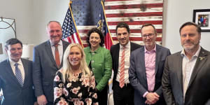 US Republican congresswoman Marjorie Taylor Green (front) meets with Labor MP Tony Zappia,former Nationals leader Barnaby Joyce,teal independent Monique Ryan,Liberals’ Alex Antic,and Greens senators David Shoebridge and Peter Whish-Wilson.