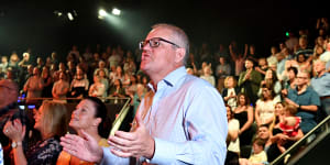 Prime Minister Scott Morrison and his wife,Jenny,at an Easter Sunday service at Horizon Church in Sutherland,Sydney in 2019. 