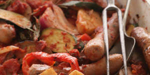 Baked ratatouille with snags.