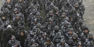 Volunteers with the far-right Azov Battalion during a rally in Kiev,Ukraine,in 2018.