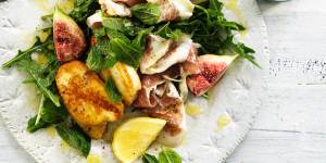 A warm salad of halloumi,prosciutto and figs. 
