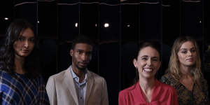 NZ Prime Minister Jacinda Ardern at the launch of The NZ Design Edit at David Jones,Sydney. With models wearing (l-r) Kate Sylvester,Barkers suit and Max.