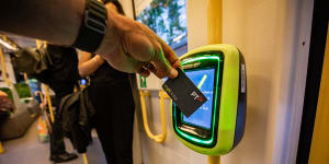 A myki pass being used on Melbourne public transport.