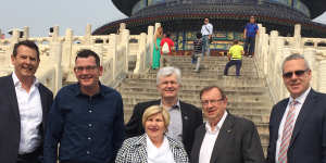 Premier Daniel Andrews (second from left) at Beijing’s Temple of Heaven on his first official visit to China in 2015. Also there:(from left) Qenos chief executive Jonathan Clancy;former Labor MP Marsha Thomson;Melbourne University vice-chancellor Glyn Davis;entrepreneur Harold Mitchell;and Greater China commissioner Tim Dillon. 