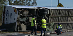 Police at the scene of the fatal Hunter Valley bus crash on Monday.