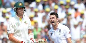 James Anderson celebrates after claiming the wicket of Australia’s Peter Siddle.