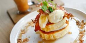 Buttermilk and coconut crumpets with bacon and banana.