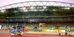 Jai Taurima competes in the long jump at the 2000 Olympics.