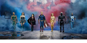 The Seven,the ostensible superheroes of The Boys (l-r):The Deep (Chace Crawford),Maeve (Dominique McElligott),Stormfront (Aya Cash),Homelander (Antony Starr),Starlight (Erin Moriarty),Black Noir (Nathan Mitchell),and A-Train (Jessie T Usher). 