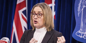 Premier Jacinta Allan addressing the media on Tuesday,