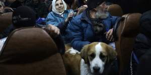 People from the town of Soledar wait to be transported to temporary accommodation near Shakhtarsk,in Russian-controlled Donetsk region.