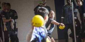 Australian Dodgeball national team member Simone Phillips in action at the Albert Park Sports Centre.