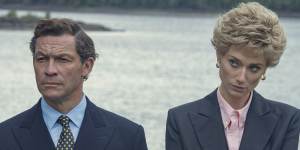 Dominic West as Prince Charles,left,and Elizabeth Debicki as Princess Diana in a scene from ’The Crown”.