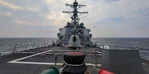 The USS Higgins is shown passing through the Taiwan Strait in 2022.