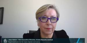Crown Resorts director Jane Halton gives evidence to Victoria’s royal commission into Crown Resorts on Wednesday. 