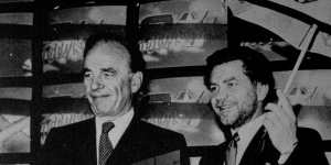 Rupert Murdoch and Alan Sugar at the launch of Sky UK in 1988. Sugar was at the time a major supplier of satellite reception dishes.