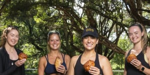 Tara Gallagher (in the black cap) is the Sydney-based London expat who founded the largest pastry-driven run club,Croissant Run Club. Pictured with fellow runners Alannah Quinnlan,Louise Kelly and Caireann Woodcock,with pastries from Cook and the Baker.