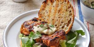 Bill Granger's grilled chicken thigh burgers with tahini and chilli relish.