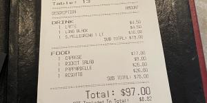 The bill for two at Sosta Cucina.