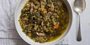 Karen Martini's spring chicken,rice,lentil and spinach soup.